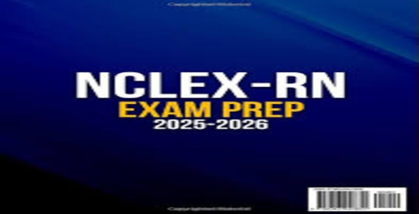 Nursing student preparing for NCLEX Exam 2025 with books and laptop